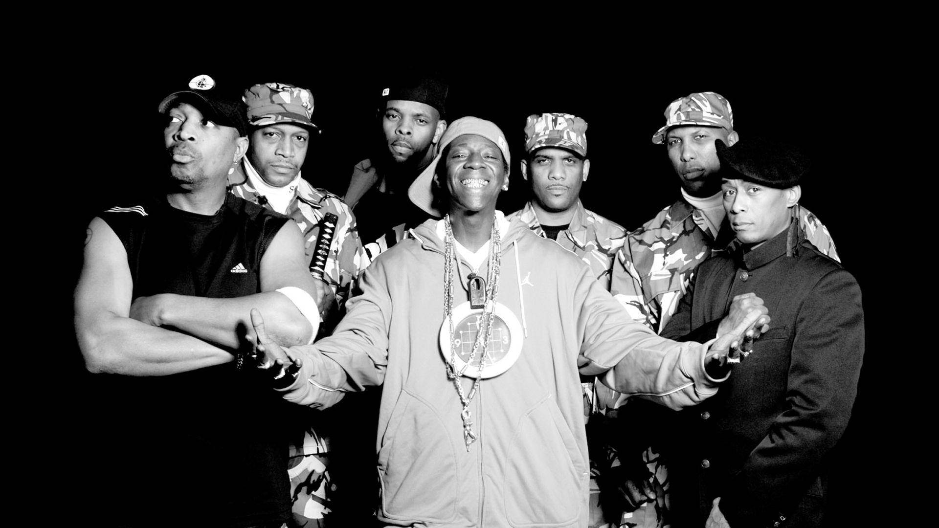 Public Enemy, black and white photo, seven men, Full HD Desktop Wallpaper