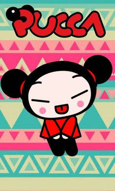 Pucca, red outfit, colorful geometric patterned background, SD Phone Wallpaper