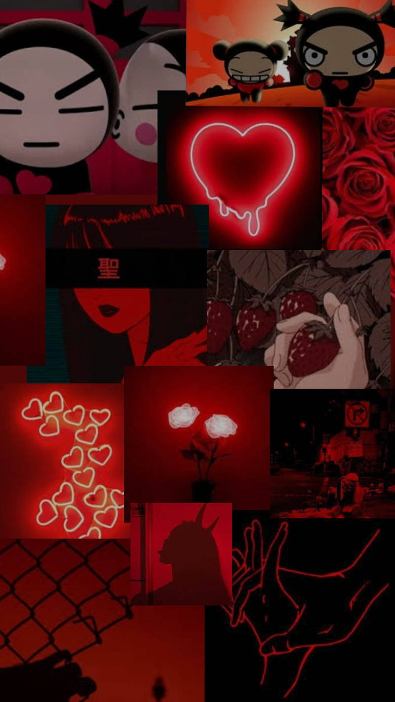 Pucca, red aesthetic, glowing hearts, HD Phone Wallpaper