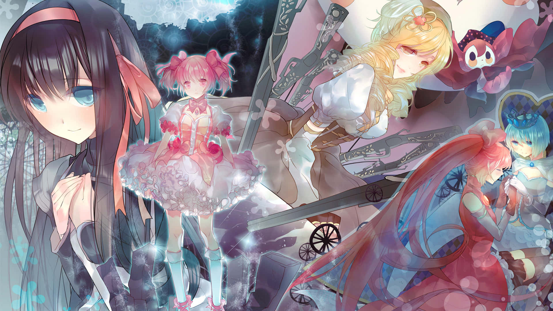 Puella magi madoka magica, female characters, fantasy attire, Full HD Desktop Wallpaper