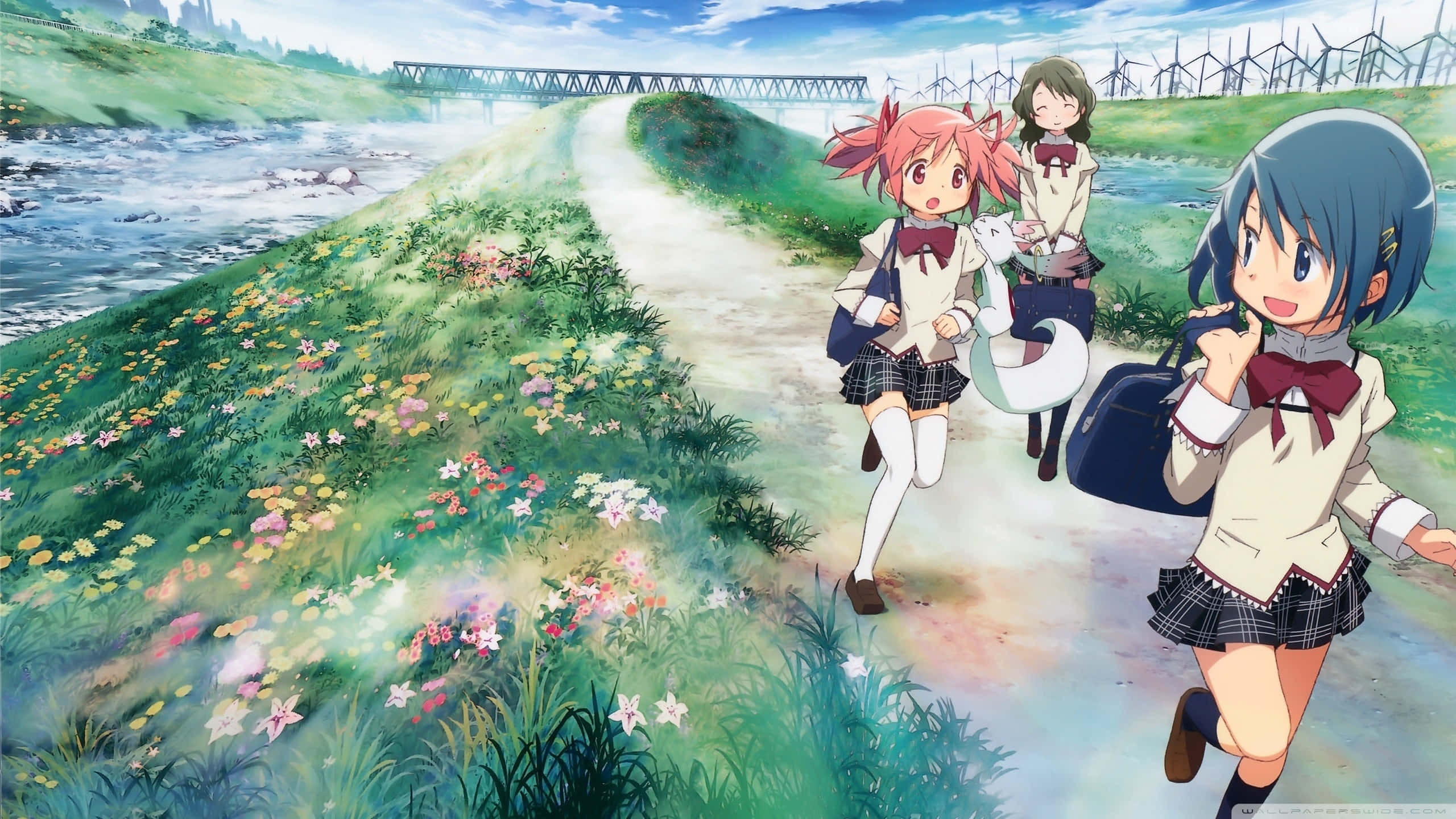 Puella Magi Madoka Magica, anime girls, school uniforms, 2K Desktop Wallpaper