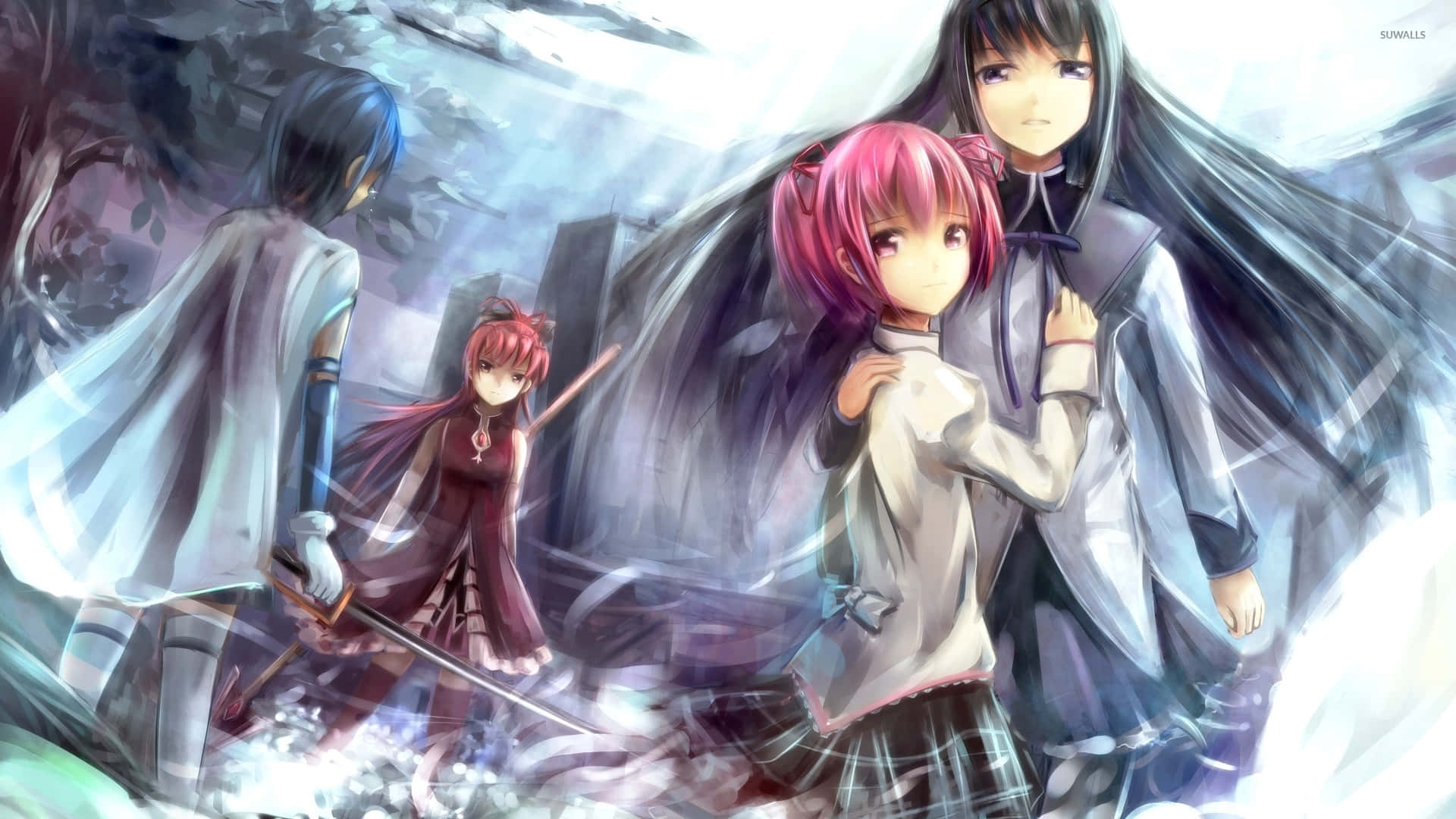 Puella Magi Madoka Magica, anime characters, misty ethereal forest, Full HD Desktop Wallpaper