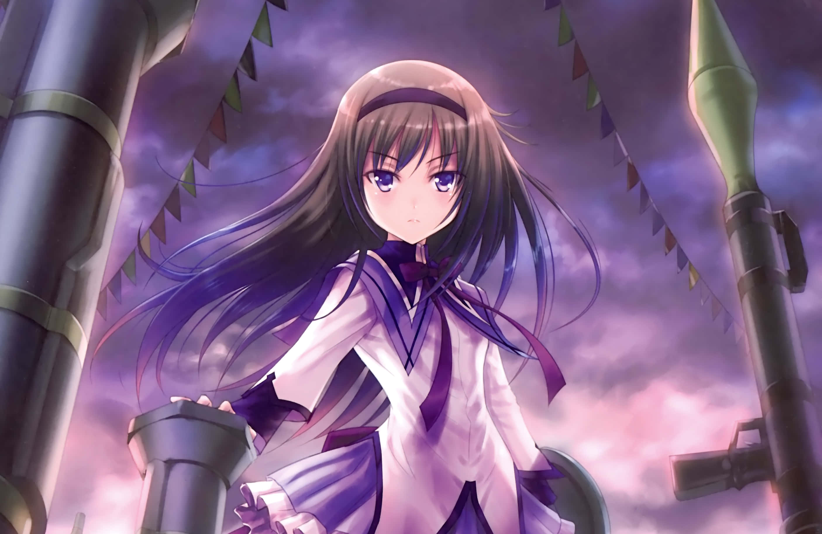 Puella Magi Madoka Magica, purple and white school uniform, twilight sky, 2K Desktop Wallpaper