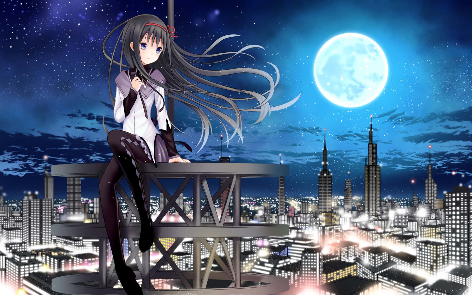 Puella magi Madoka Magica, long dark hair, tower, Full HD Desktop Wallpaper