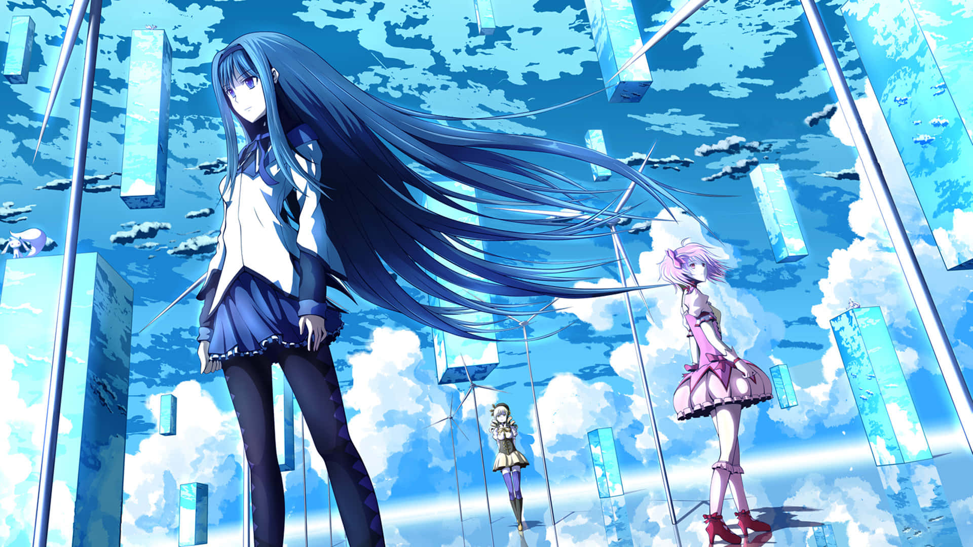 Puella magi madoka magica, anime girls, floating blue skyscrapers, Full HD Desktop Wallpaper