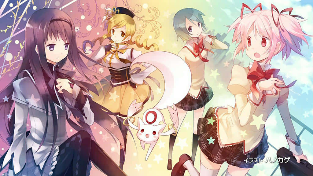 Puella magi madoka magica, rainbow background, school uniforms, SD Desktop Wallpaper