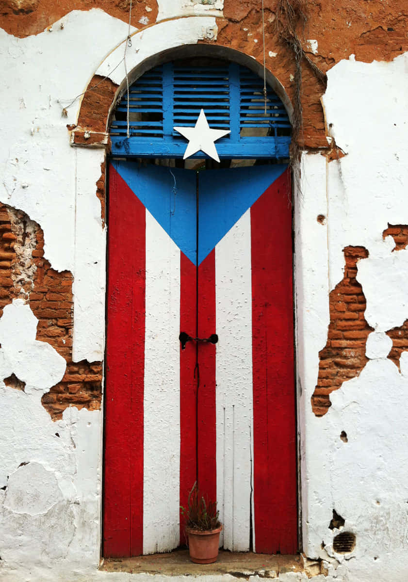 Puerto Rican flag, wooden door, crumbling white wall, SD Phone Wallpaper