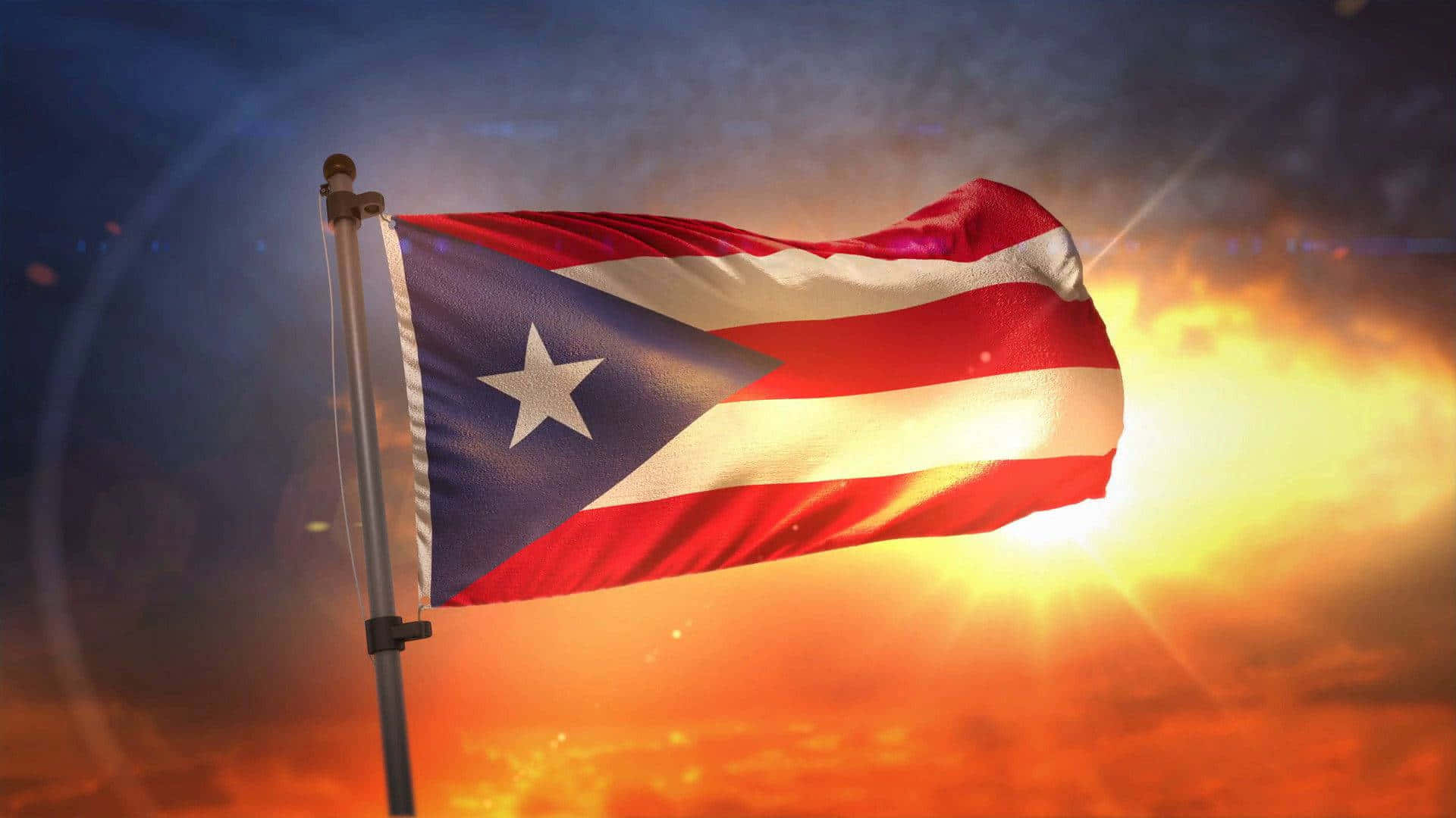 Puerto Rican flag, fiery sunset sky, radiant sunburst, Full HD Desktop Wallpaper