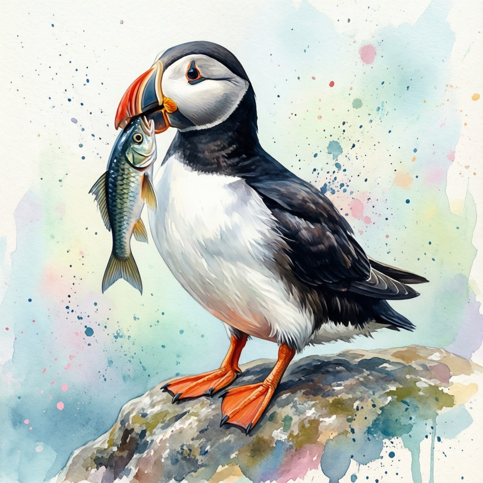 watercolor, puffin, fish, HD Desktop Wallpaper