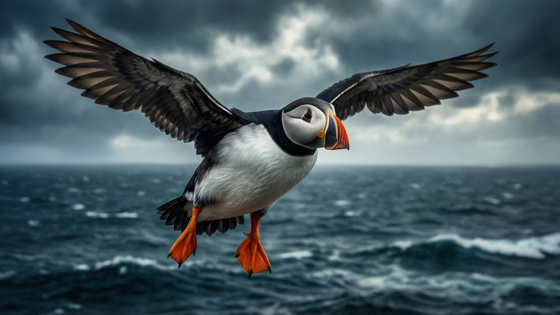 Flying Puffin Storm, puffin, stormy sky, Full HD Desktop Wallpaper