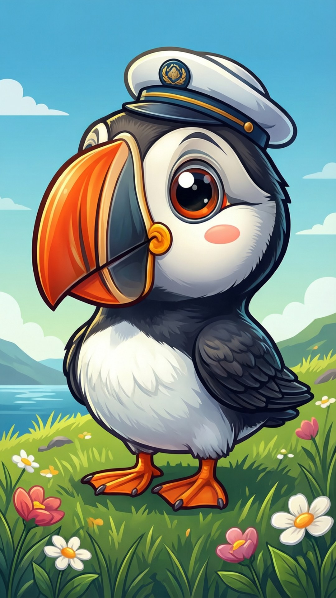 Cheerful Puffin, cartoon puffin, sailor hat, Full HD Phone Wallpaper