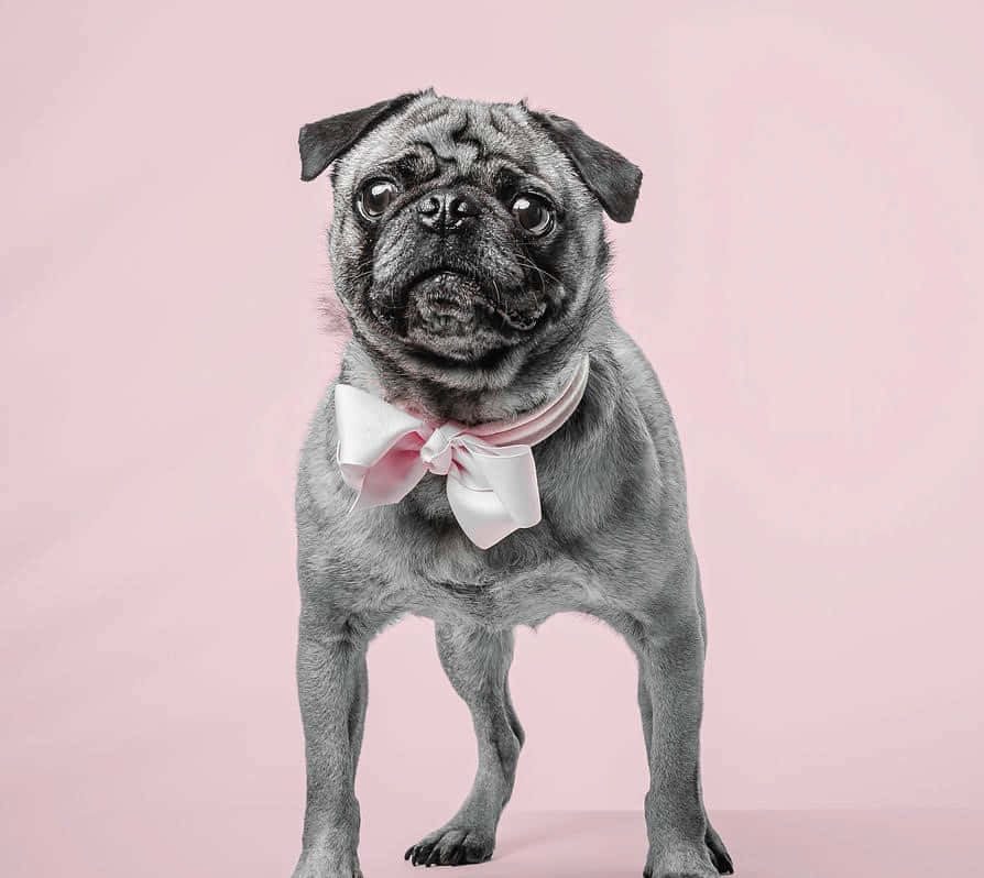 black pug, soft pink backdrop, delicate white bow, SD Desktop Wallpaper