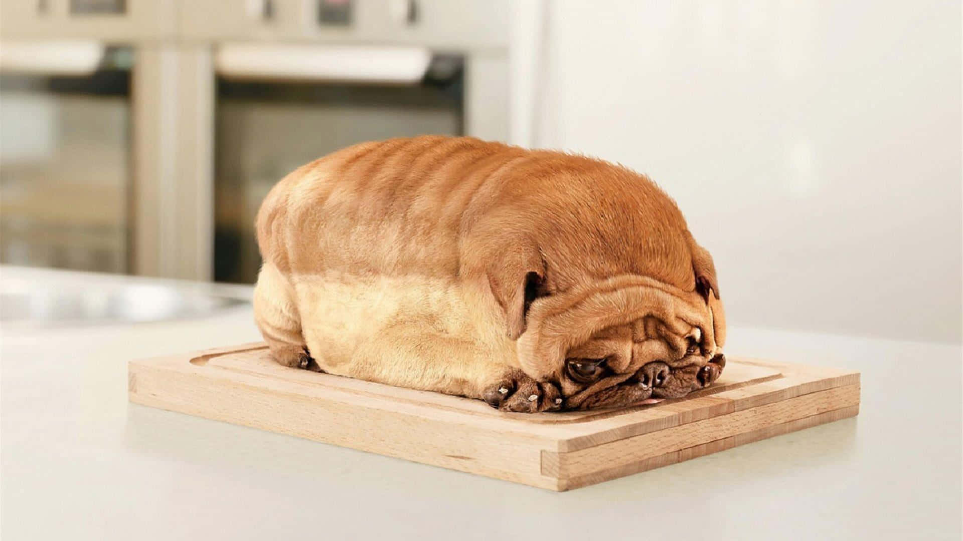 Pug, wooden cutting board, bright kitchen, Full HD Desktop Wallpaper