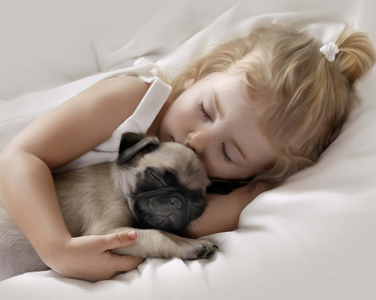little girl, blonde hair, pug puppy, HD Desktop Wallpaper