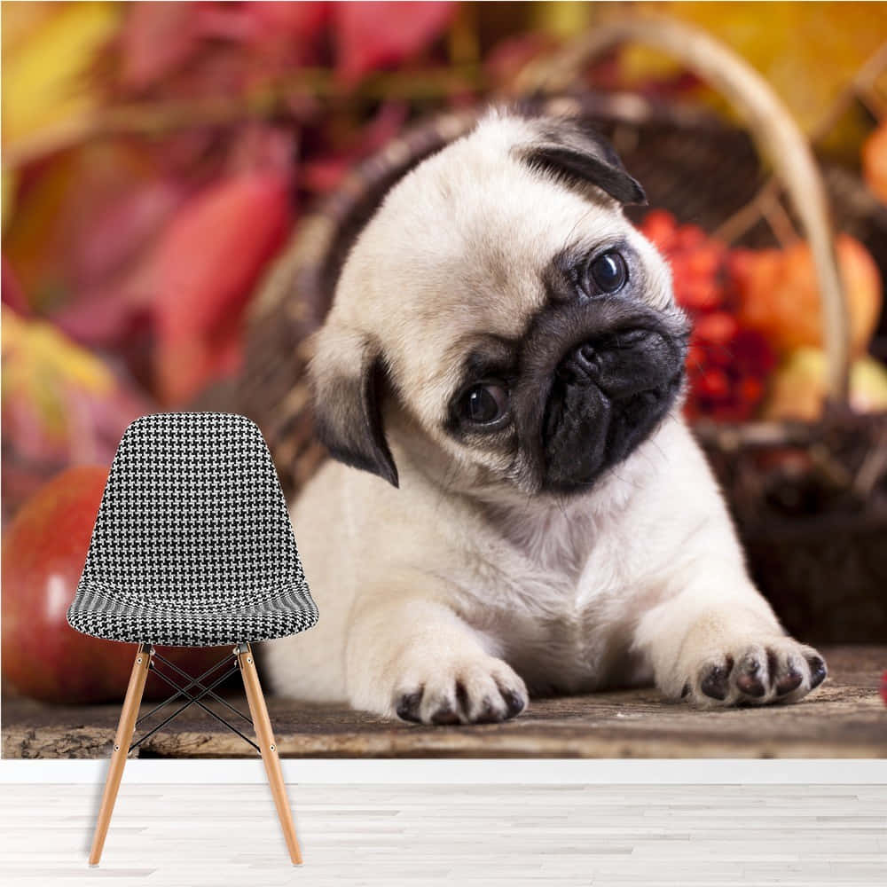 pug puppy, big eyes, houndstooth chair, SD Desktop Wallpaper