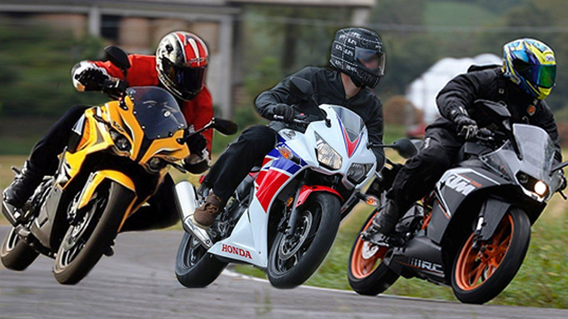 Pulsar RS200, wet racetrack, three motorcyclists, Full HD Desktop Wallpaper