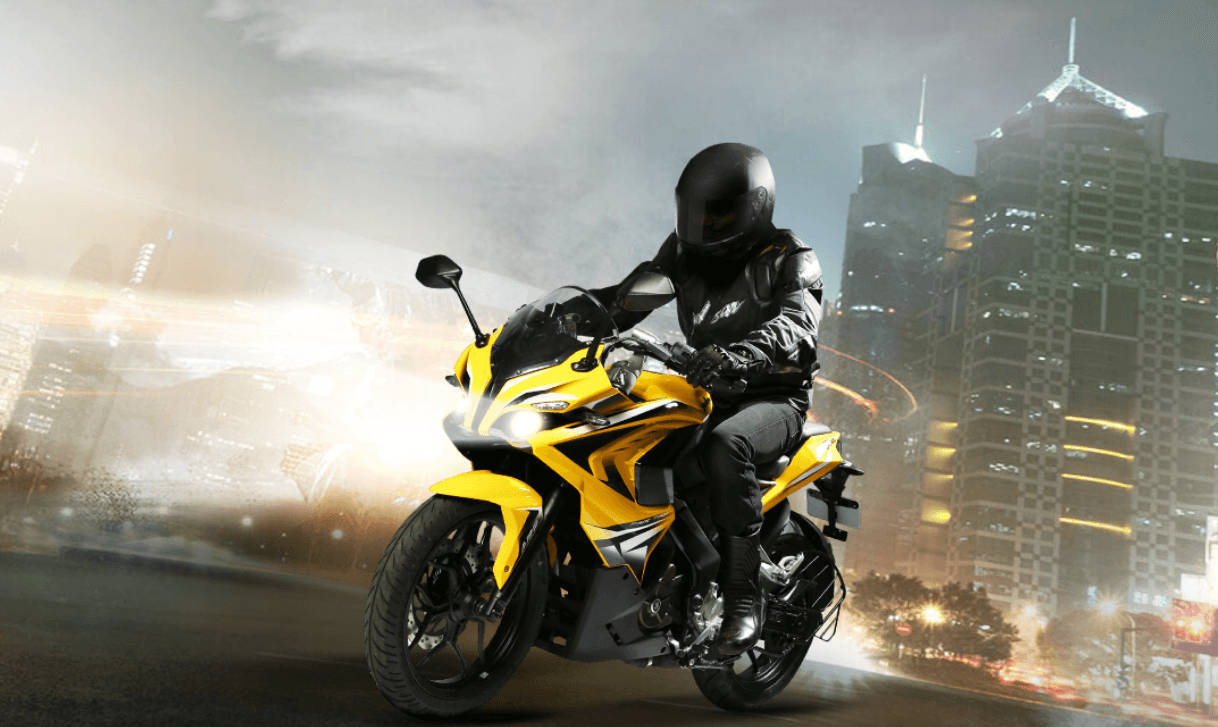 Pulsar RS200, bright yellow, neon-lit cityscape, SD Desktop Wallpaper