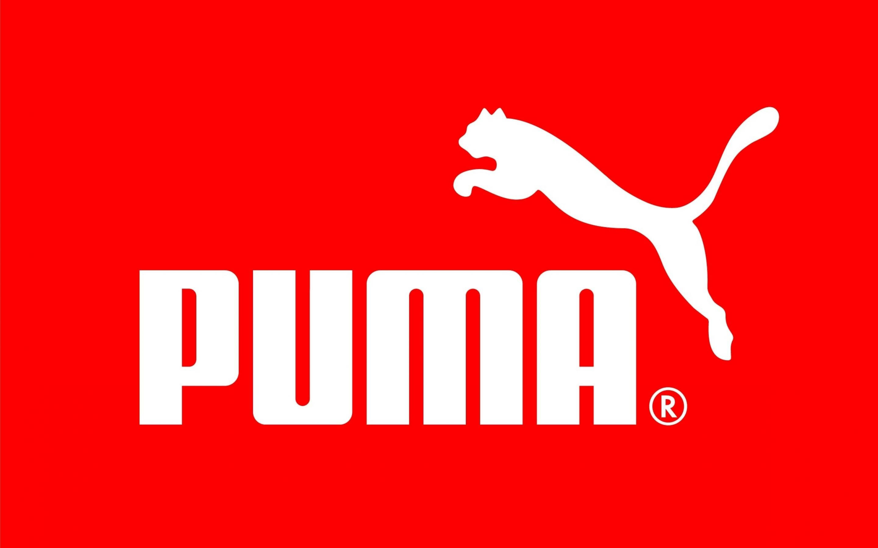 Puma, red background, white Puma logo, 2K Desktop Wallpaper