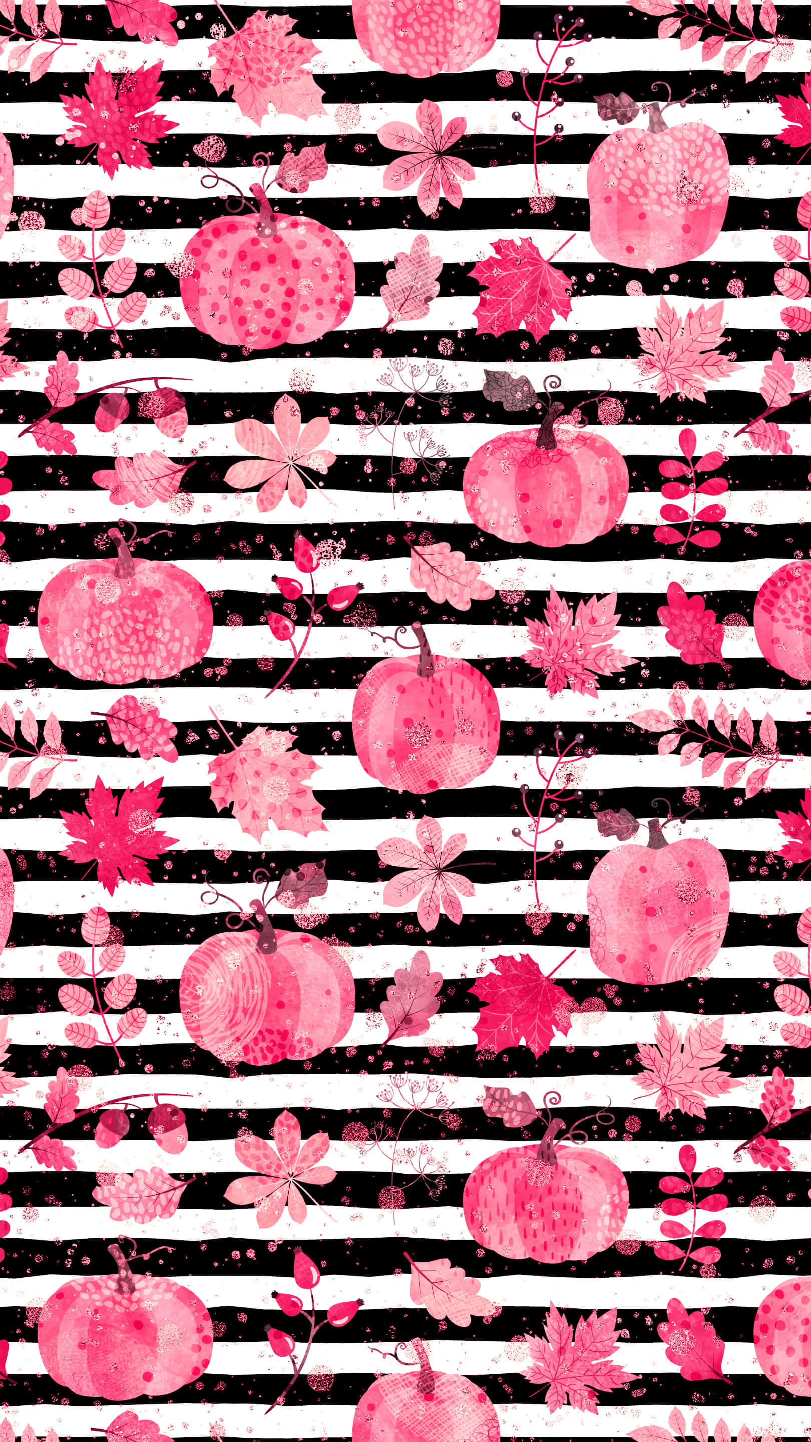 pink pumpkin, black and white horizontal stripes, autumn leaves, 2K Phone Wallpaper
