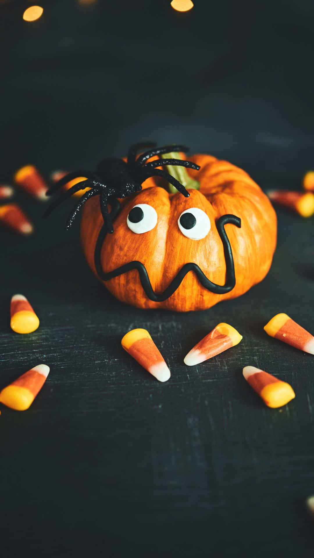cute pumpkin, googly eyes, black spider, Full HD Phone Wallpaper