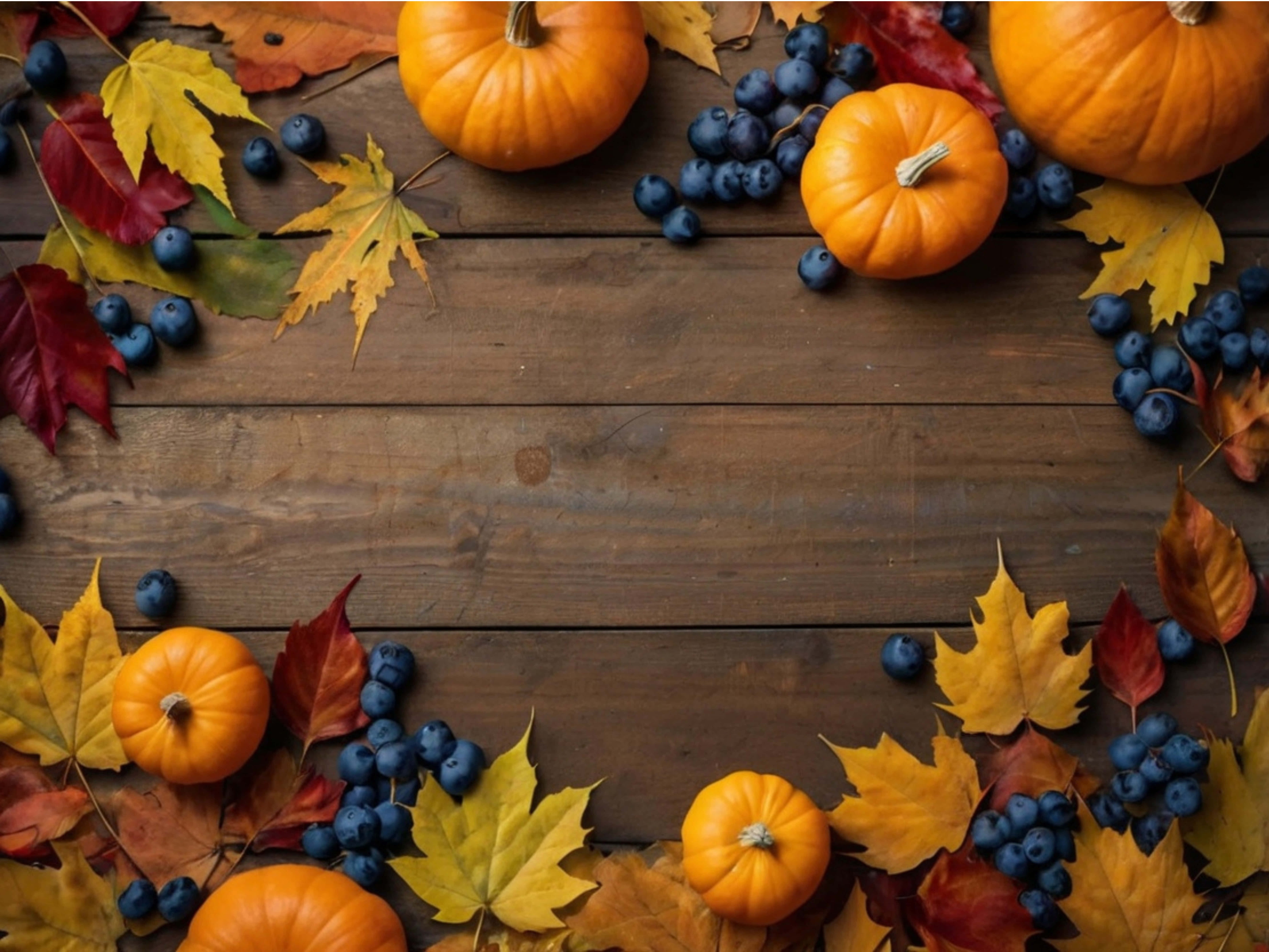 pumpkins, autumn leaves, blueberries, 5K Desktop Wallpaper
