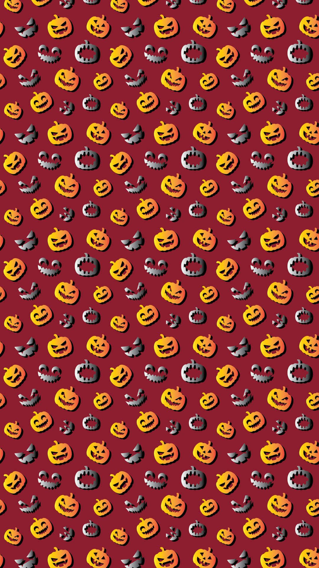 orange jack-o'-lanterns, gray bats, deep red background, Full HD Phone Wallpaper