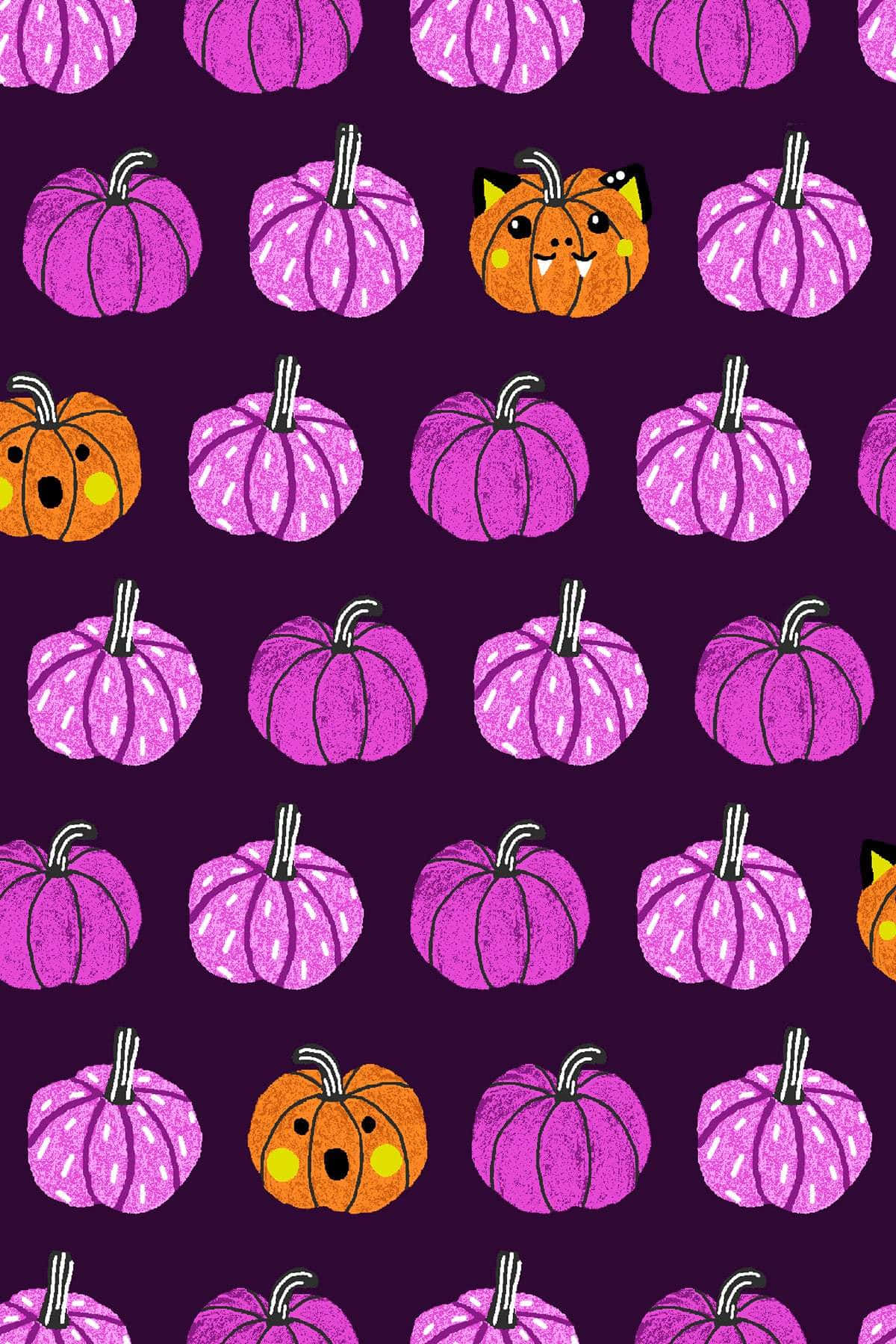 purple pumpkins, orange cartoon pumpkins, cat ears, HD Phone Wallpaper