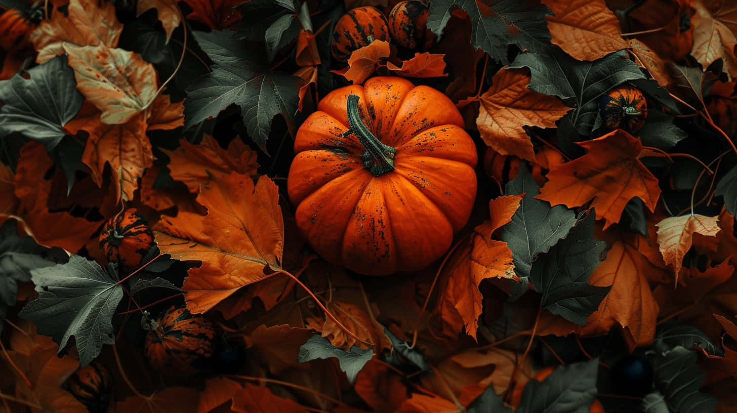 autumn pumpkin leaves aesthetic, vibrant orange pumpkin, rich autumn leaves, HD Desktop Wallpaper