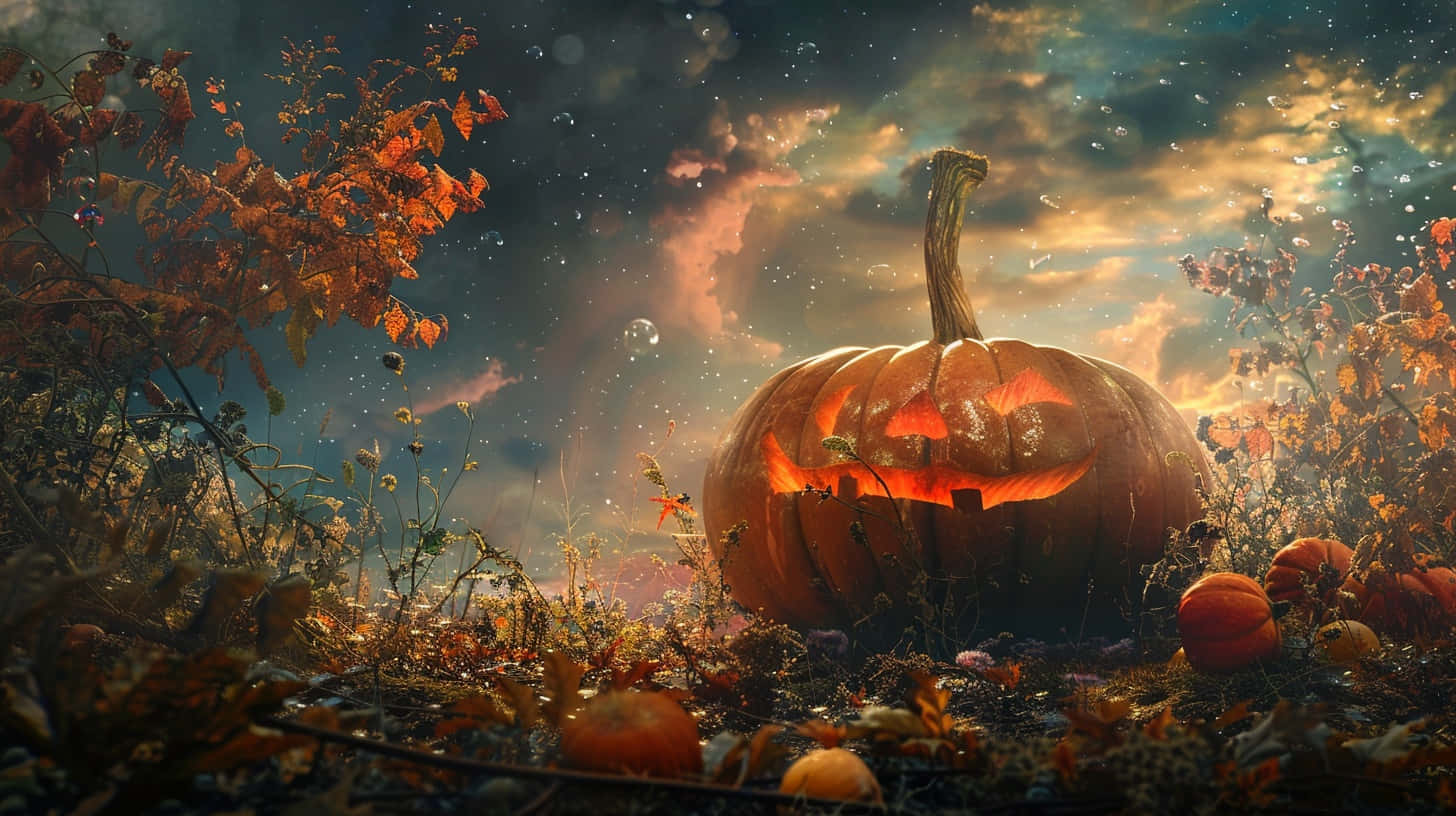 enchanted forest, jack-o'-lantern, autumn leaves, HD Desktop Wallpaper