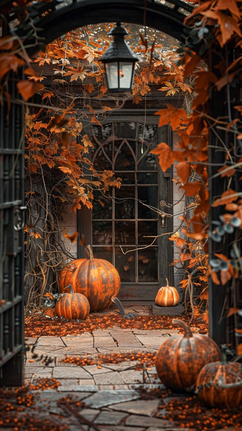 autumn pumpkin doorway, gothic arched doorway, autumn leaves, HD Phone Wallpaper