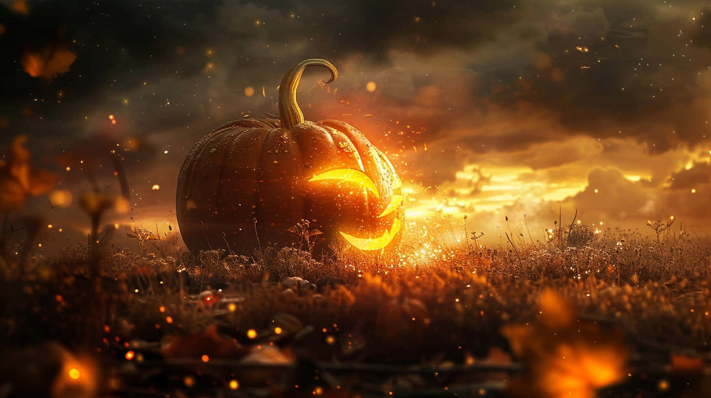 glowing jack-o'-lantern, wide grin, field of autumn grass, HD Desktop Wallpaper