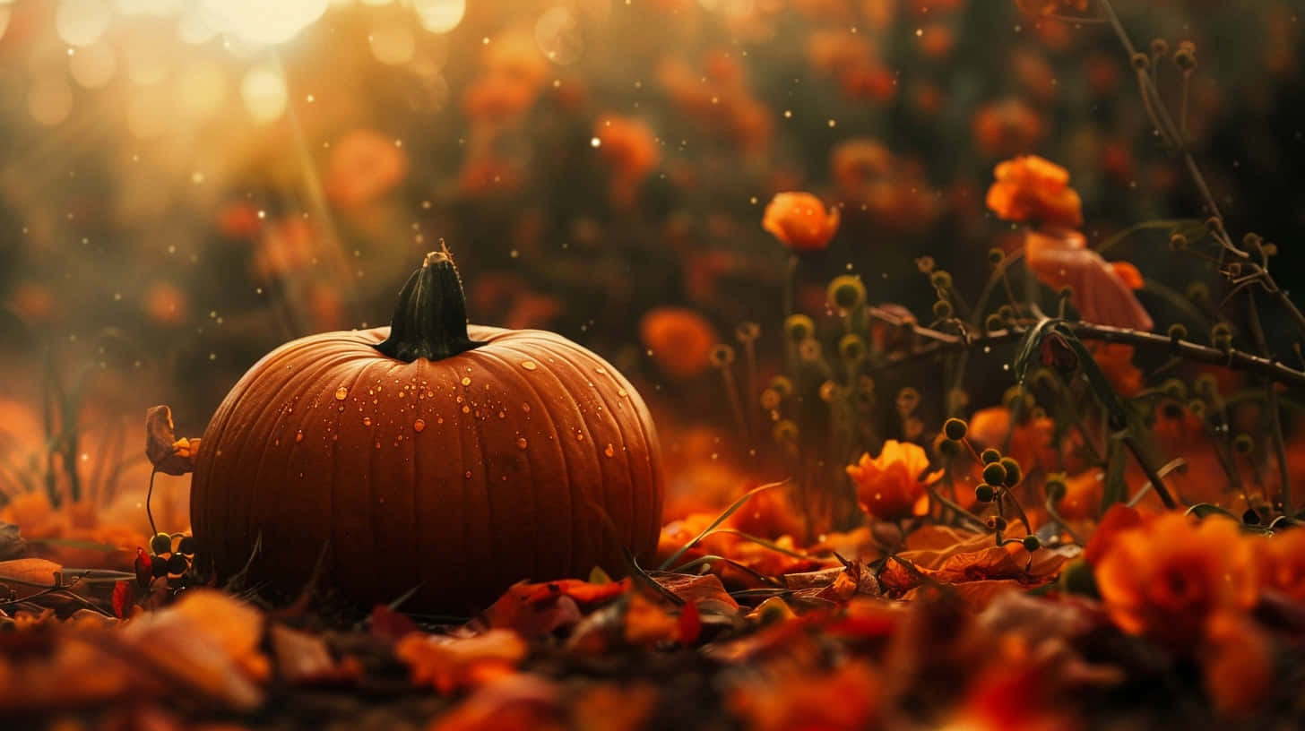 Autumn Pumpkin Glow, dewy pumpkin, sunlit field, HD Desktop Wallpaper