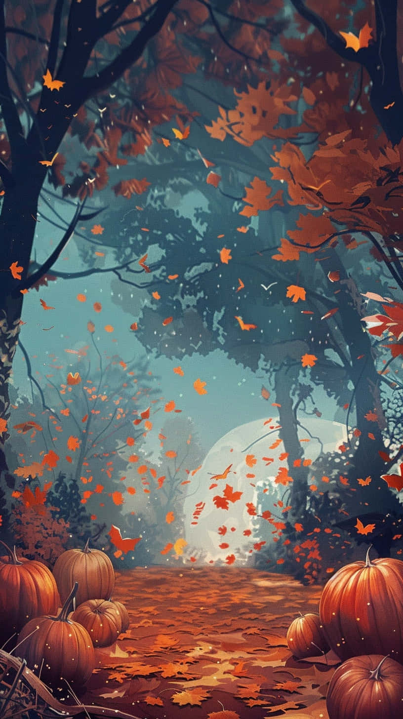autumn pumpkin pathway, misty autumn forest path, pumpkins, HD Phone Wallpaper