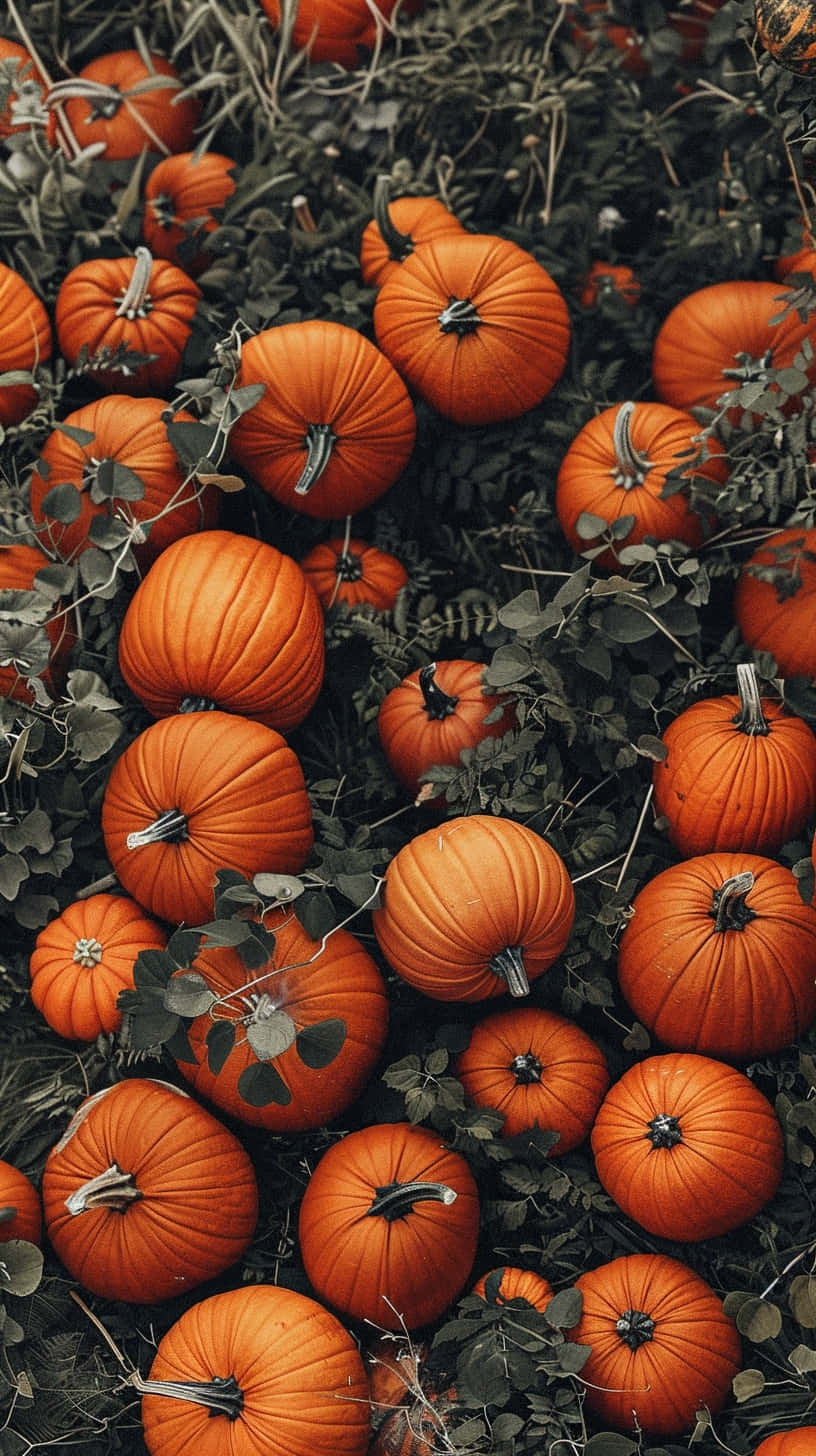 autumn pumpkin patch aesthetic, vibrant orange pumpkins, dark green foliage, HD Phone Wallpaper