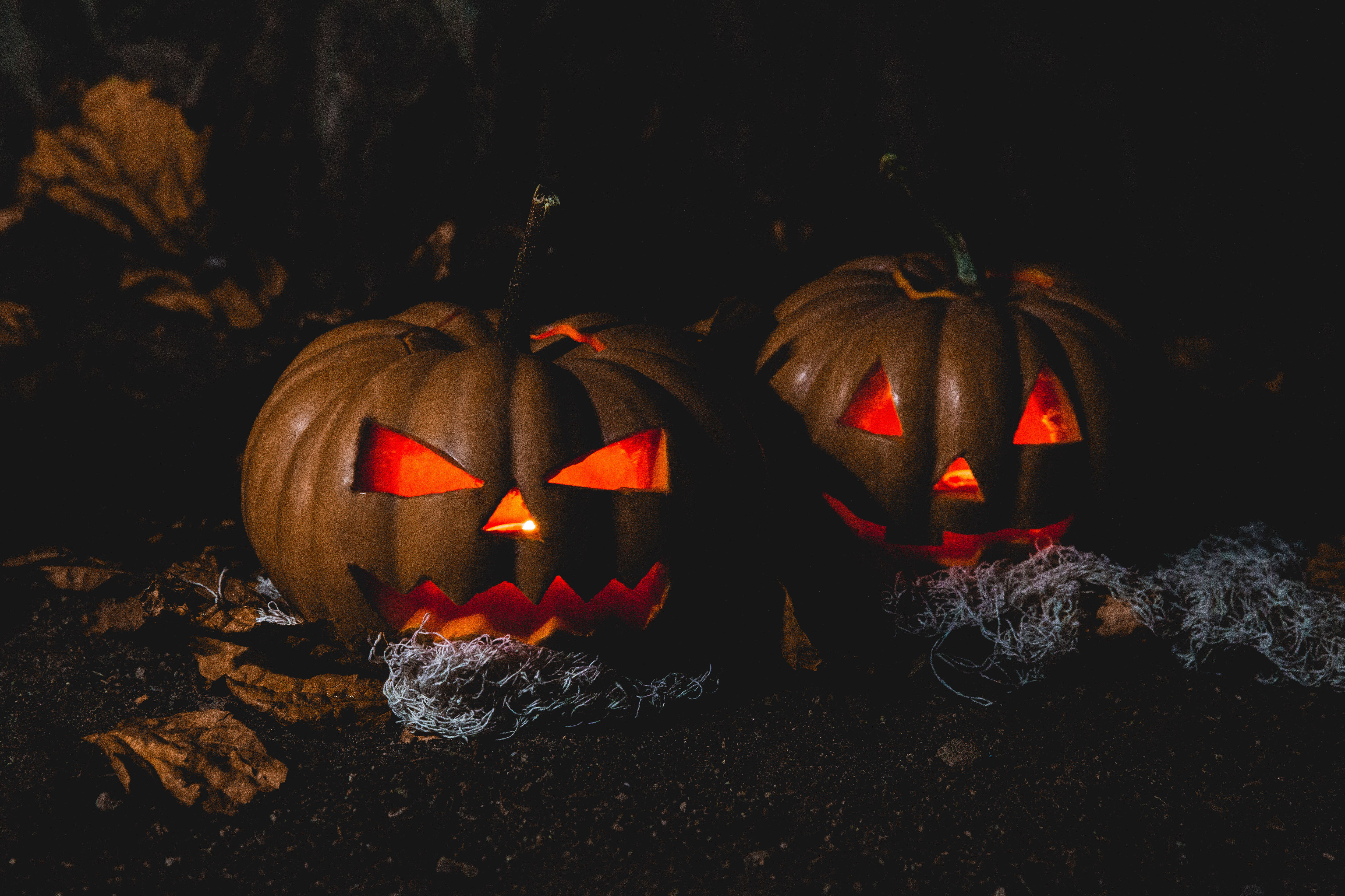jack-o'-lantern, fiery eyes, jagged smiles, 5K Desktop Wallpaper