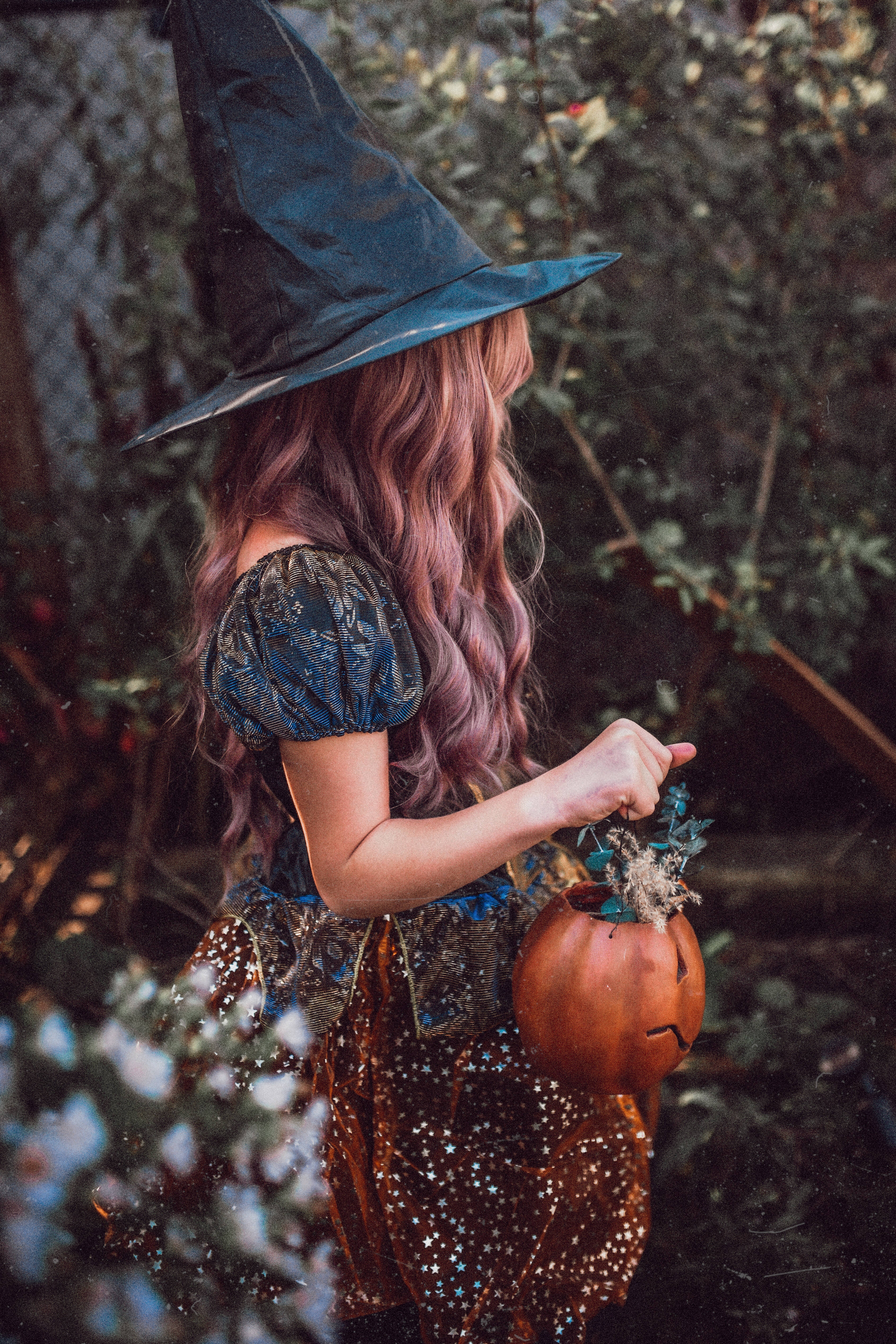 young witch, pink hair, blue hat, 4K Phone Wallpaper
