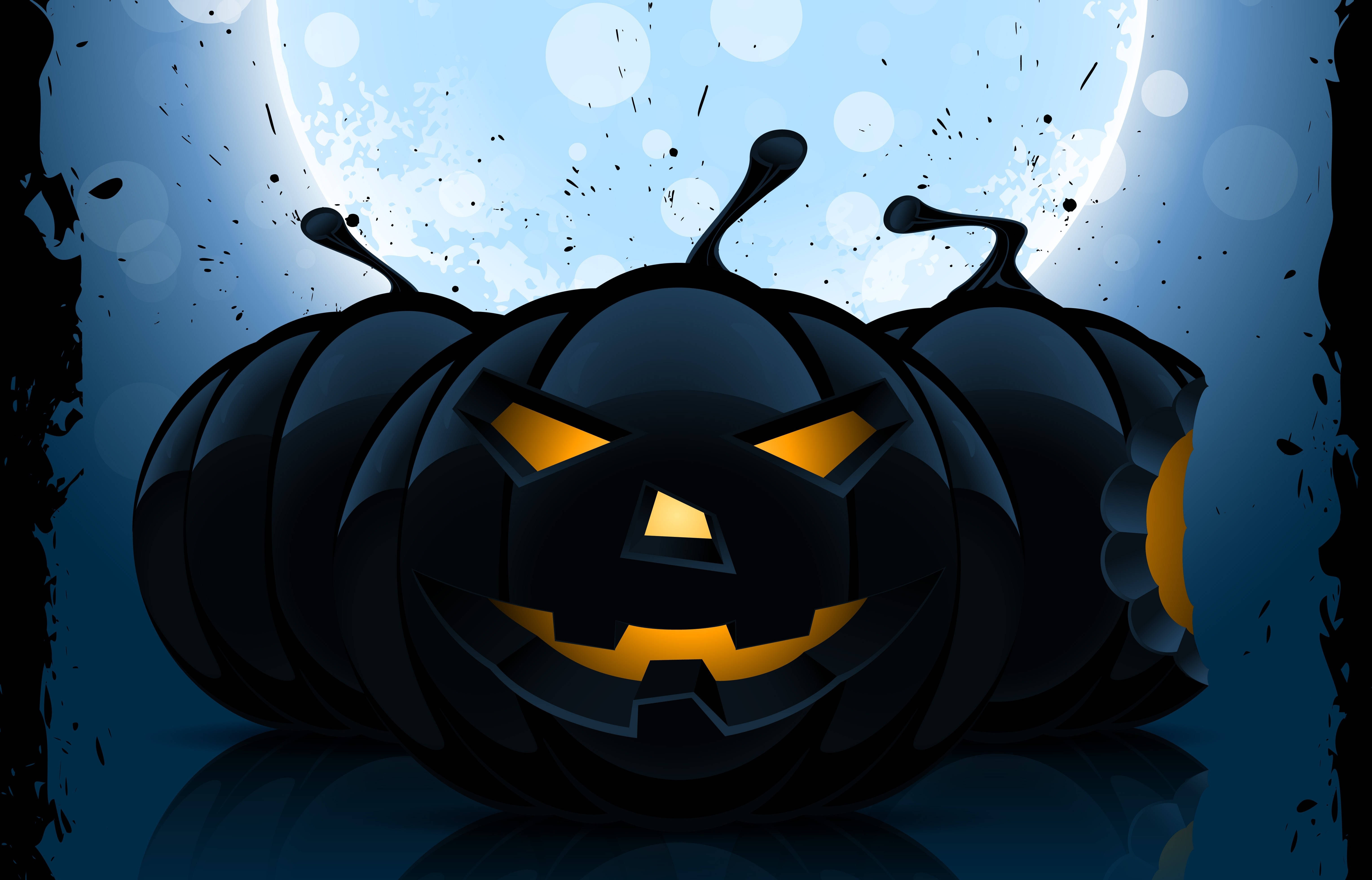black jack-o'-lanterns, glowing orange eyes, grin, 5K Desktop Wallpaper