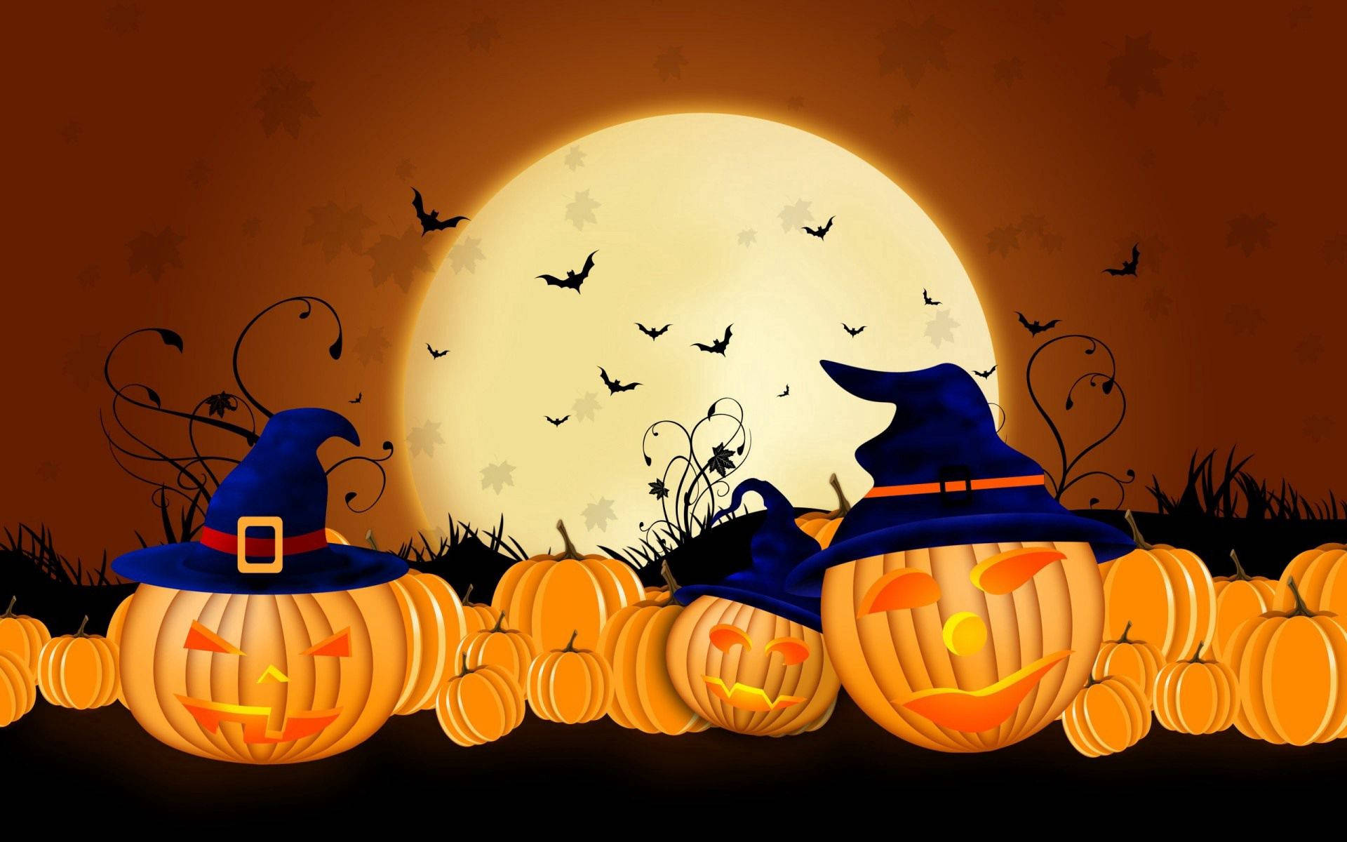 jack-o'-lanterns, witch hats, full moon, Full HD Desktop Wallpaper