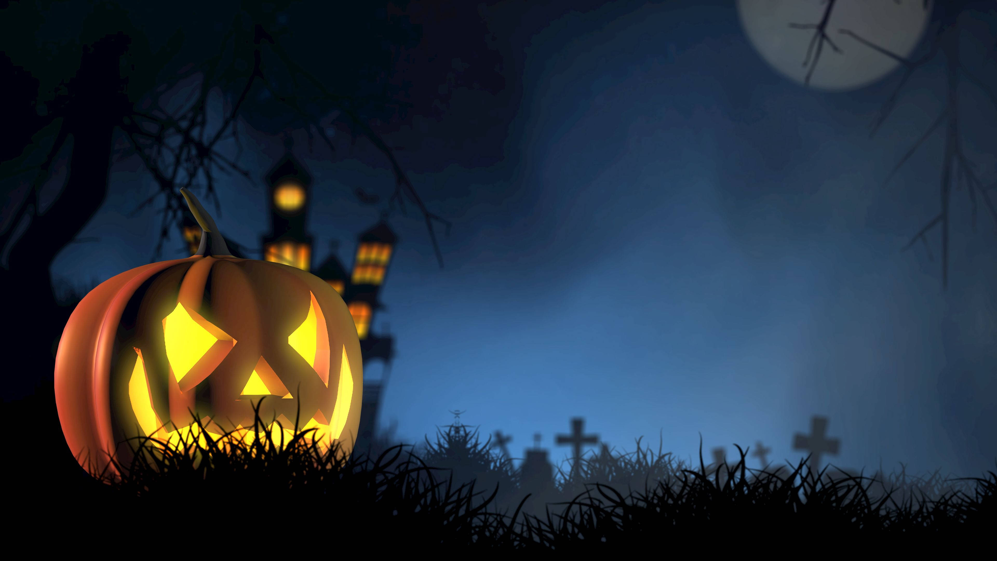 glowing jack-o'-lantern, haunted castle, full moon, 4K Desktop Wallpaper