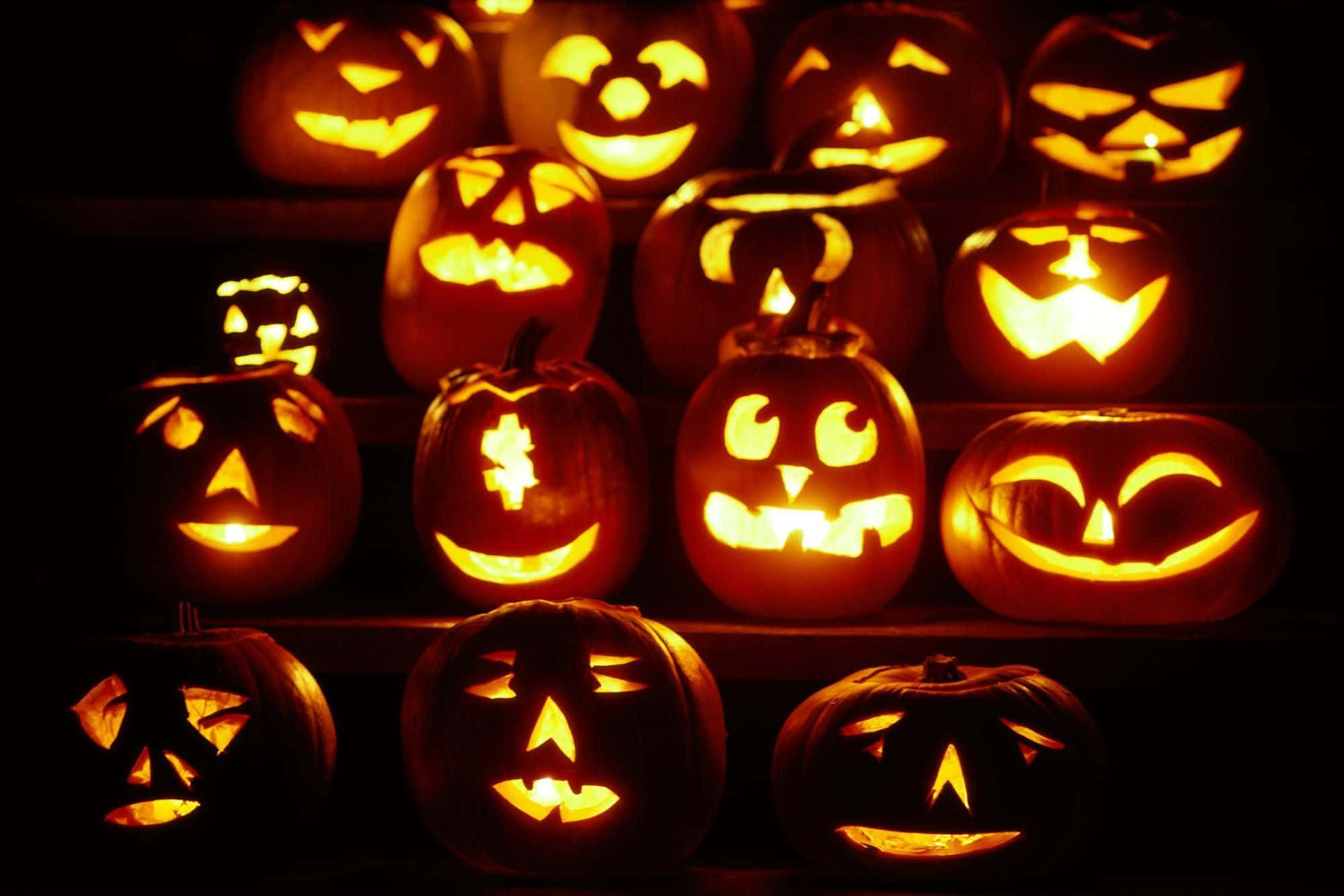 carved pumpkin, jack-o'-lanterns, glowing, Full HD Desktop Wallpaper