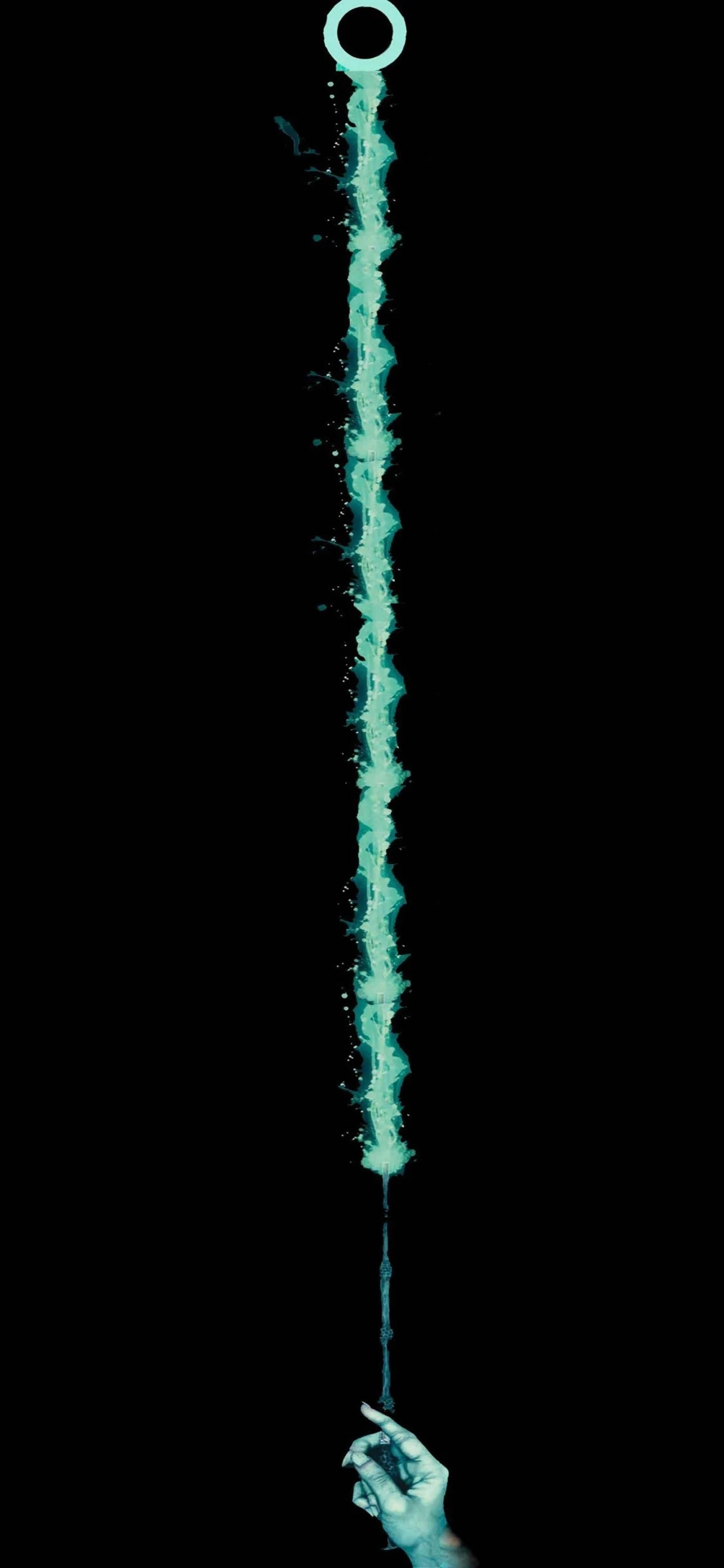 magical wand, glowing teal energy strand, luminous ring, 4K Phone Wallpaper