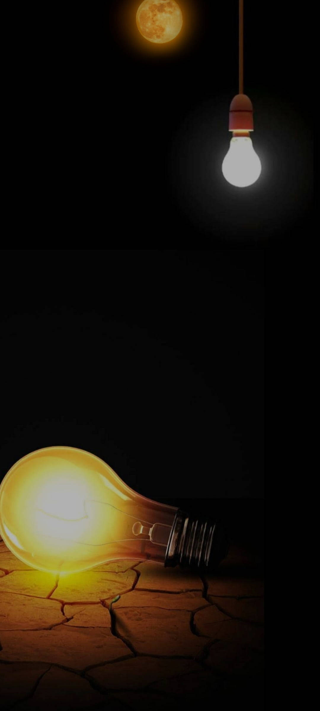 lighted bulbs, moon, cracked earth floor, Full HD Phone Wallpaper