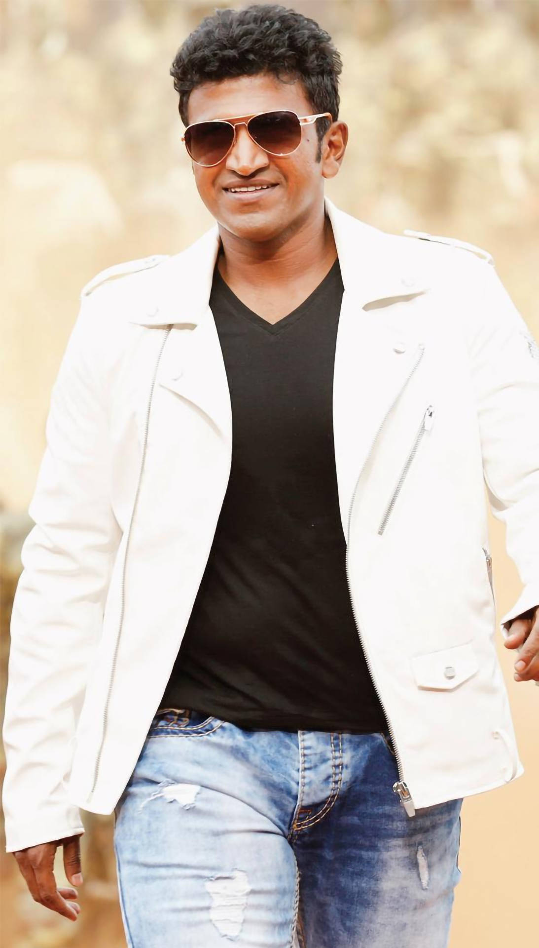 Puneeth Rajkumar, white leather jacket, aviator sunglasses, Full HD Phone Wallpaper
