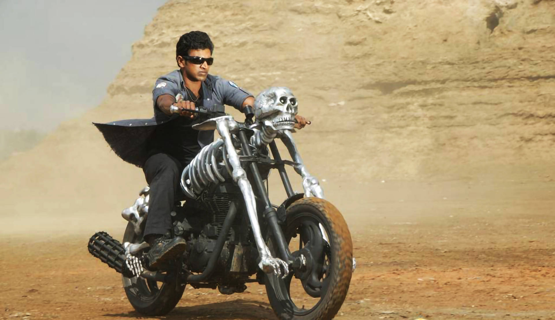 Puneeth Rajkumar, skeleton motorcycle, desert, Full HD Desktop Wallpaper