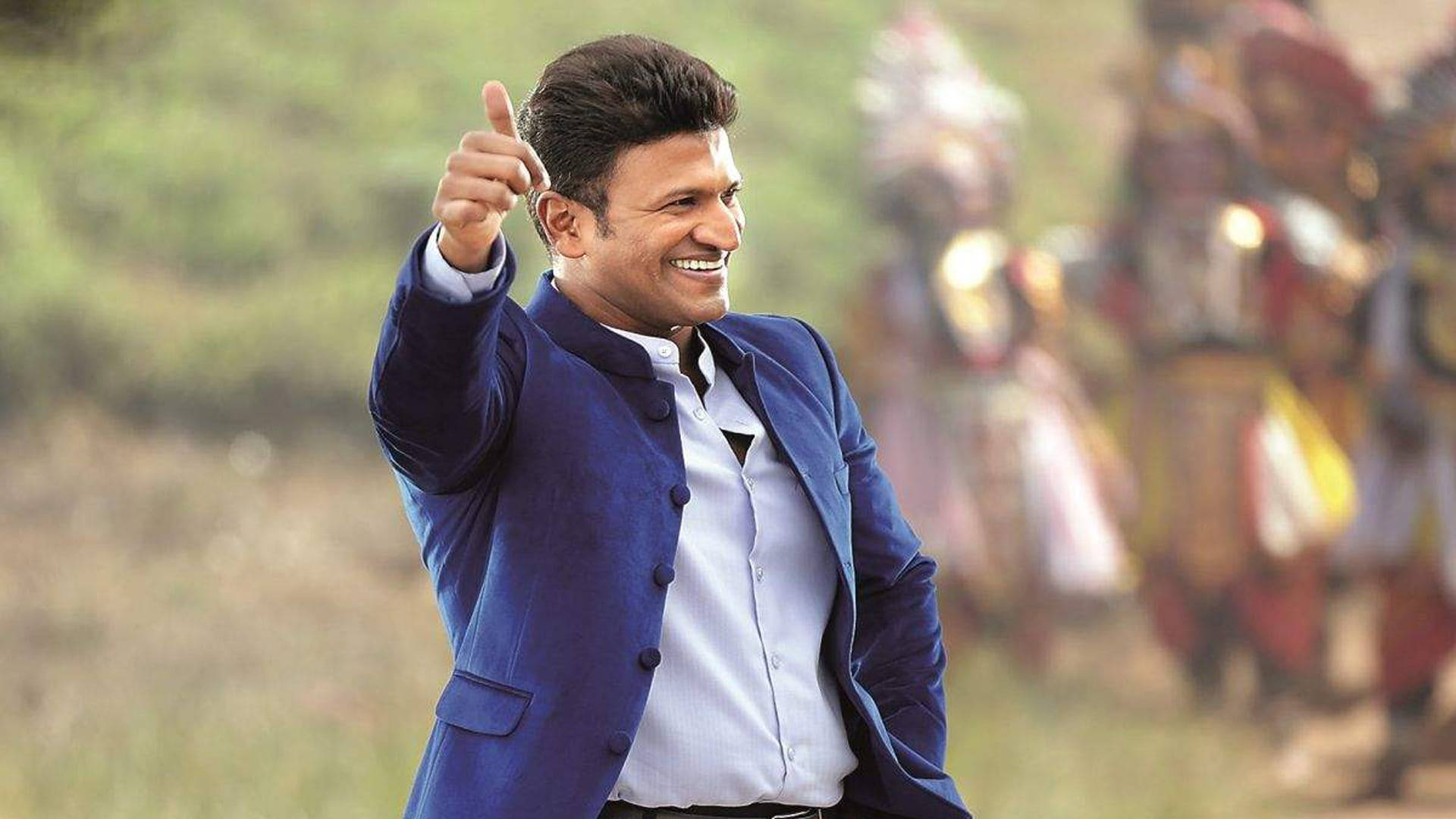 Puneeth Rajkumar, blue blazer, thumbs up, Full HD Desktop Wallpaper