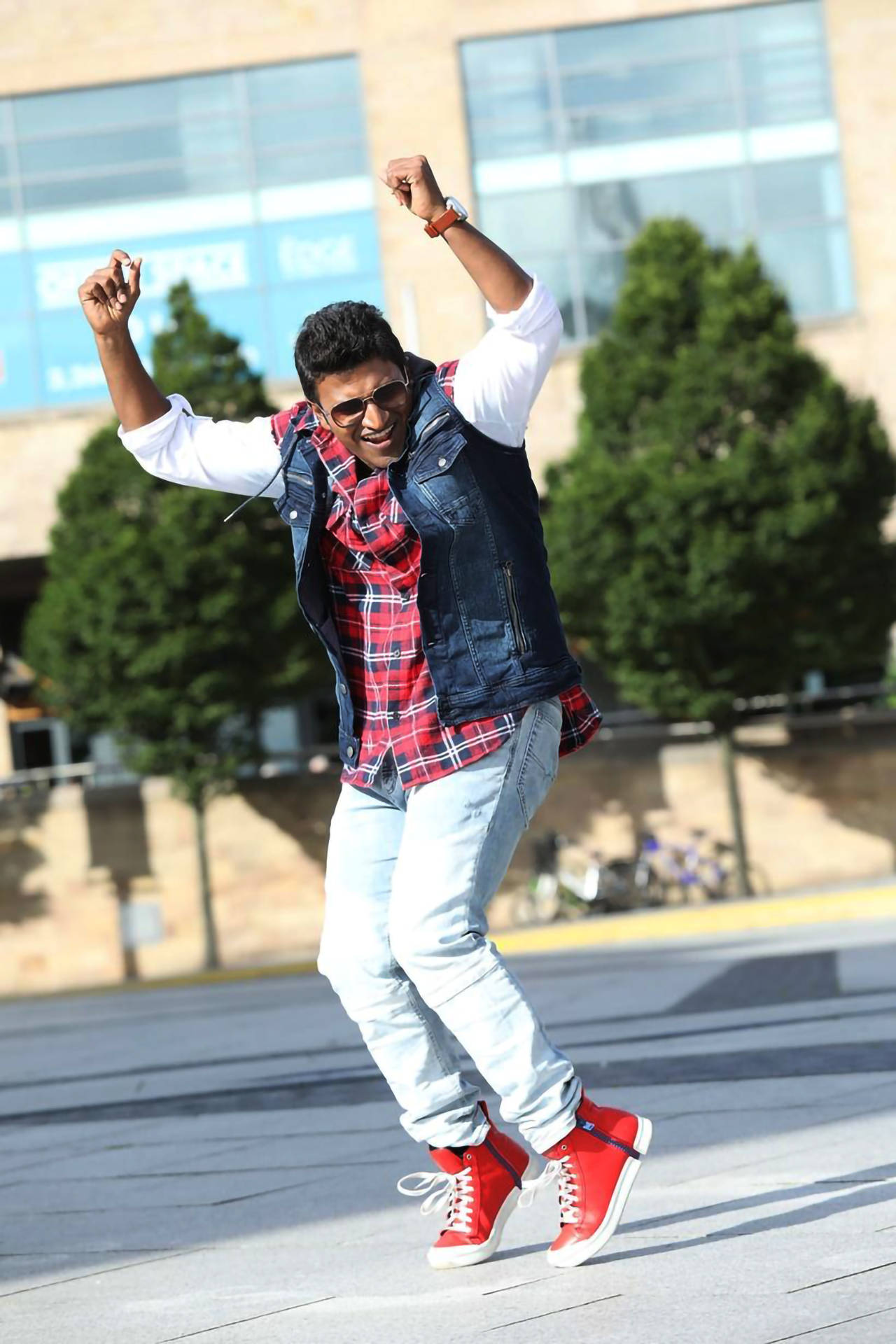 Puneeth Rajkumar, red plaid shirt, denim vest, Full HD Phone Wallpaper