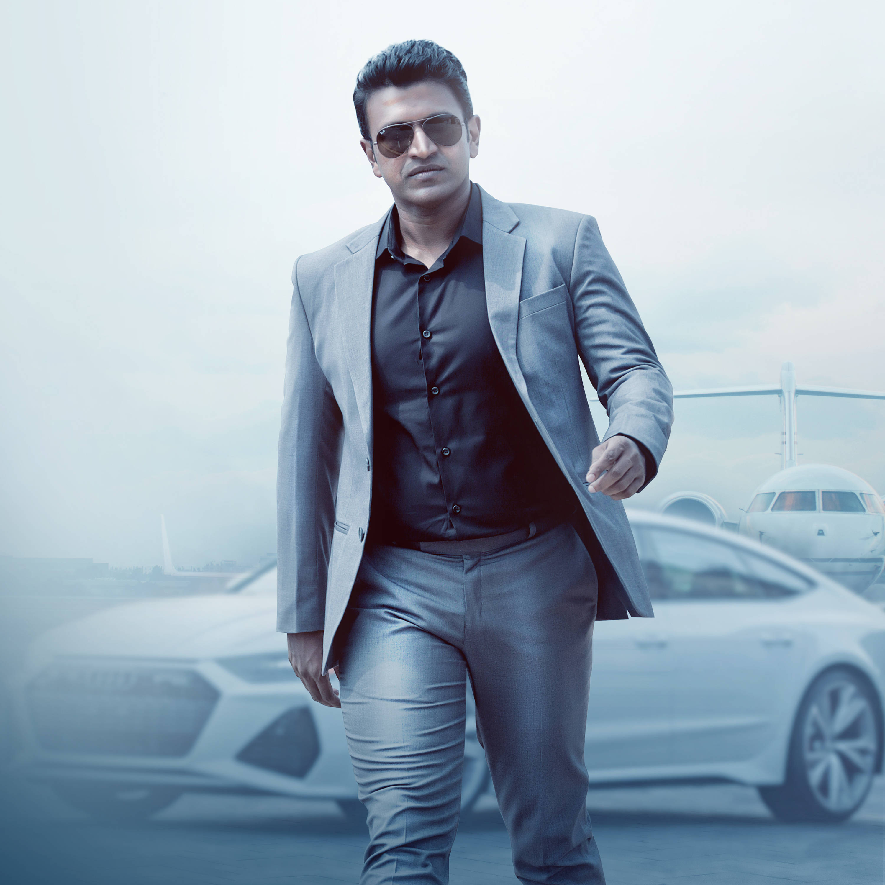 Puneeth Rajkumar, gray suit, sunglasses, 2K Desktop Wallpaper