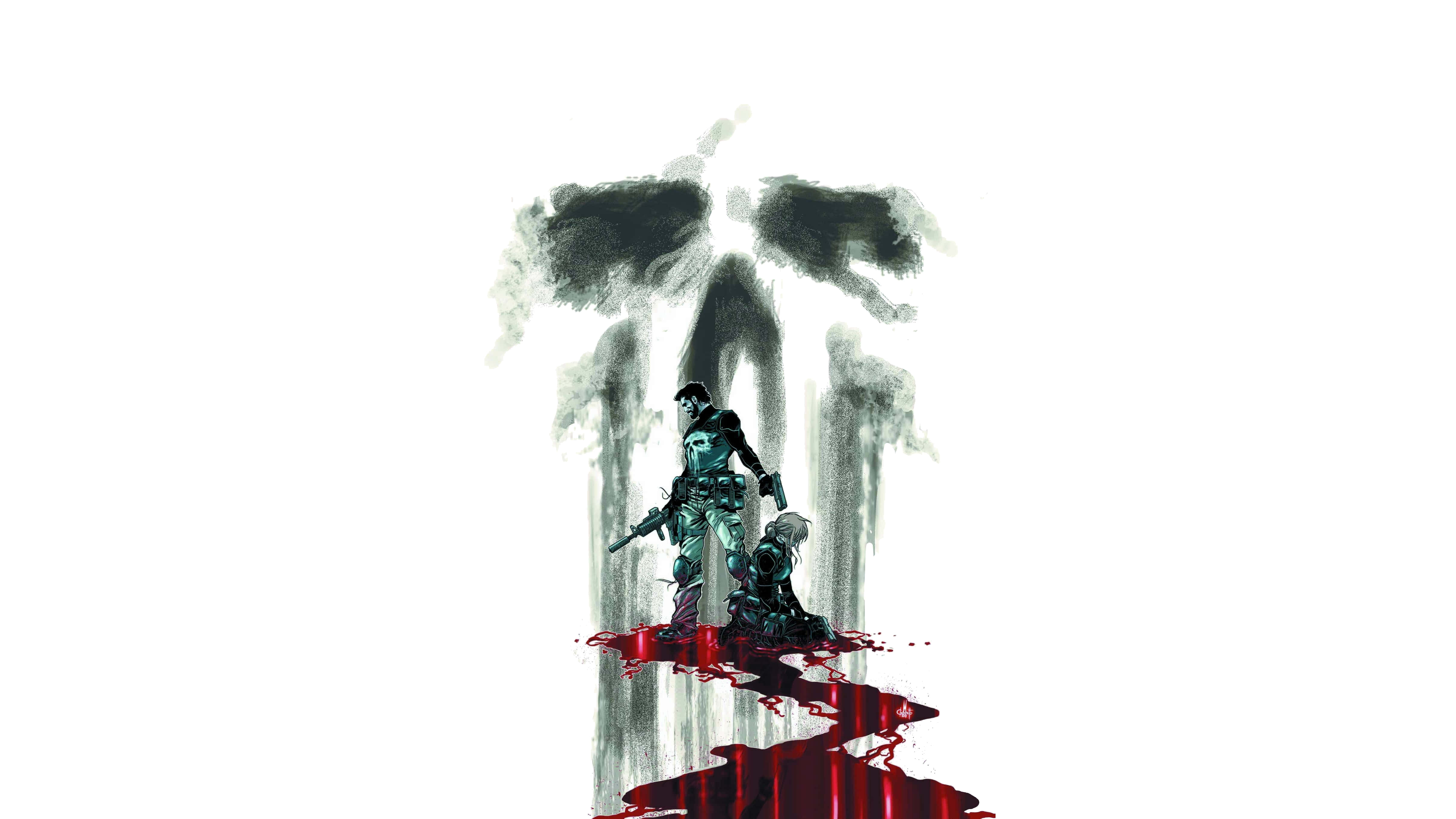 Punisher, bloody logo, skull silhouette, 4K Desktop Wallpaper