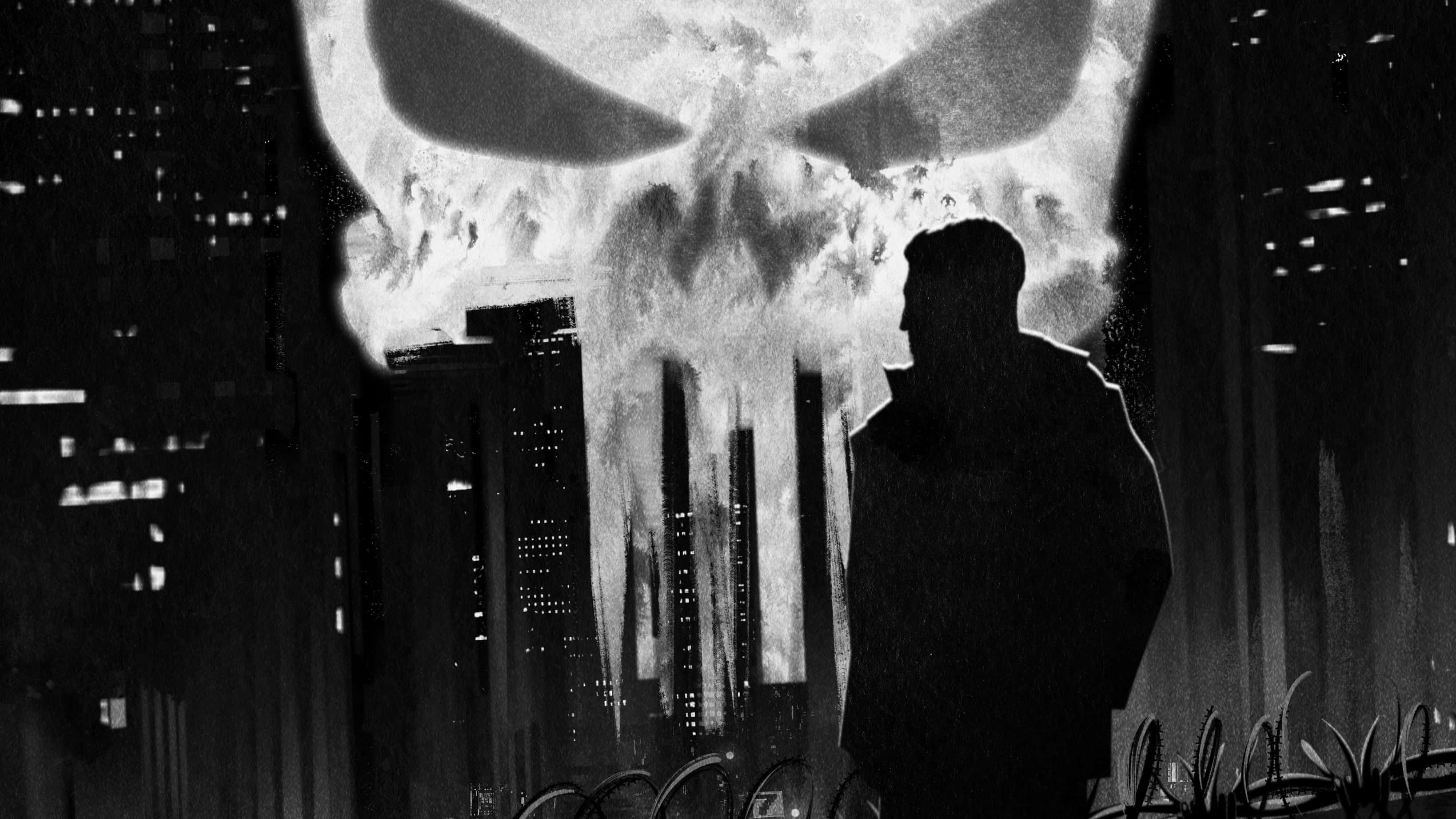 Punisher, skull-shaped explosion, dark cityscape, 2K Desktop Wallpaper