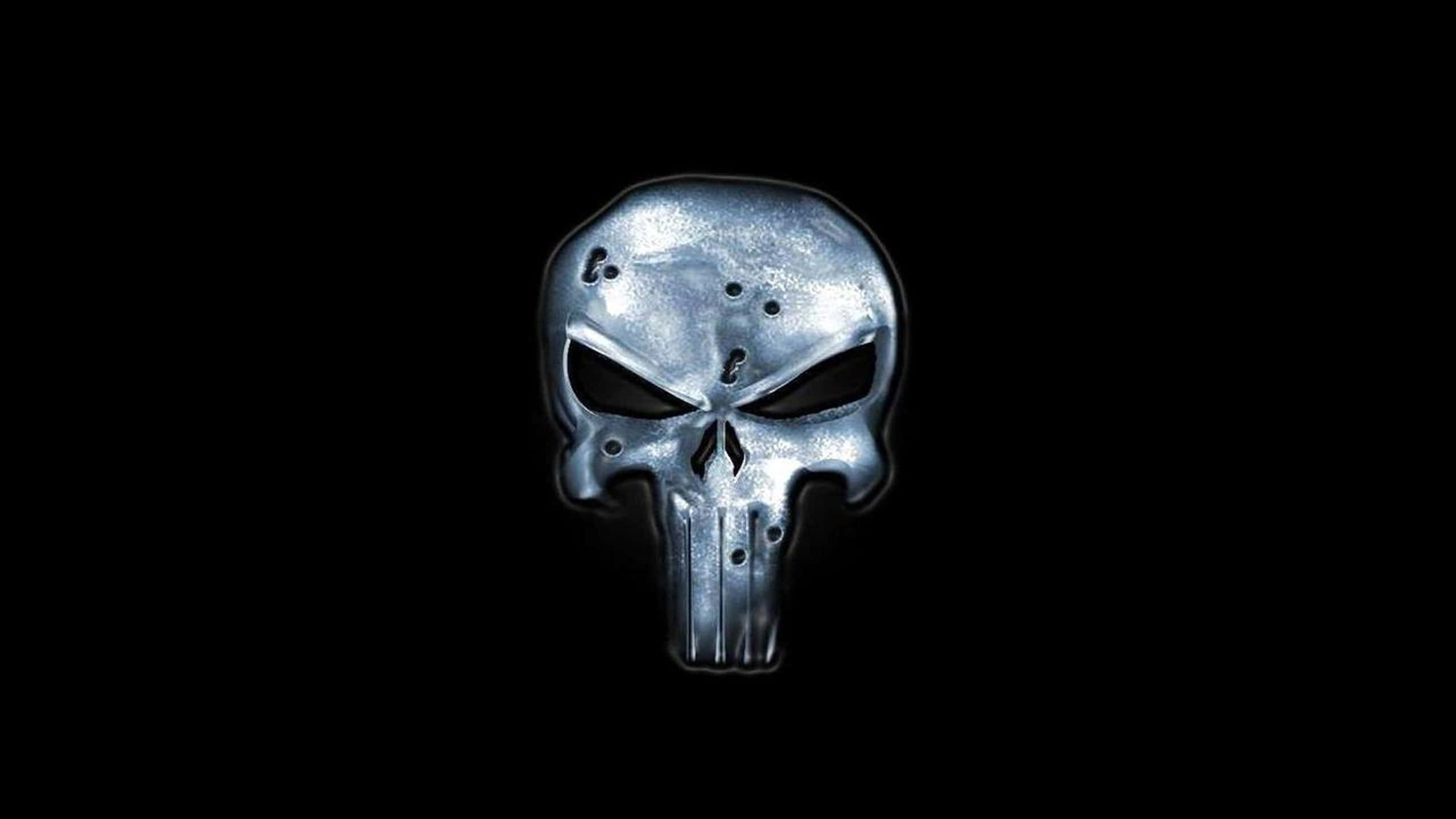 Punisher, metallic skull emblem, bullet holes, 2K Desktop Wallpaper